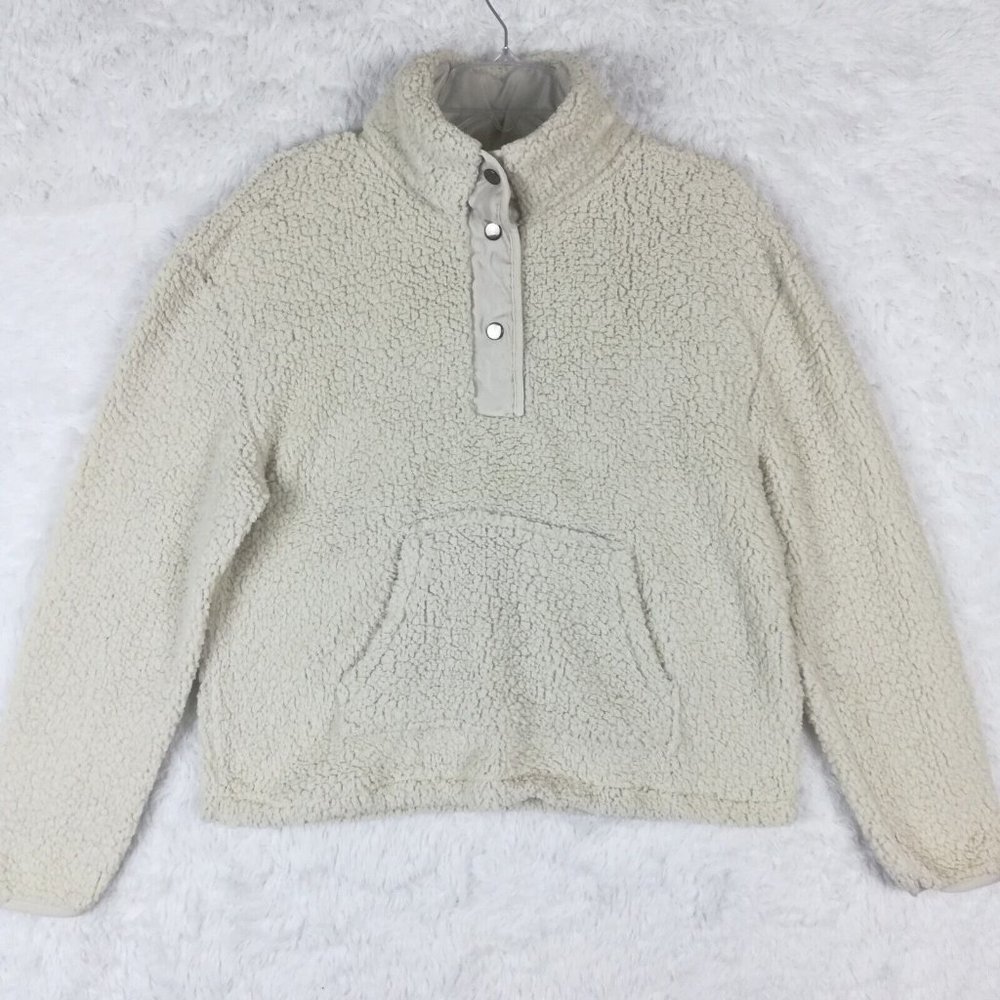 Wallflower Womens Jacket Sherpa Fleece Cream Kangaroo Pocket 3 Snap Pullover L